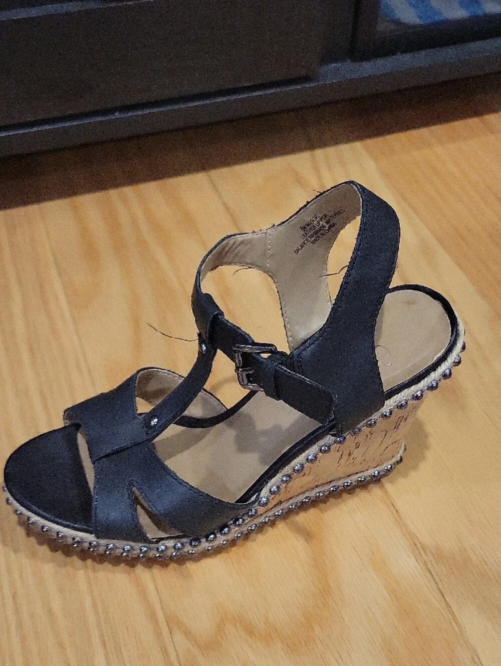 Crown Vintage Black Studded T-Strap Wedge Sandals with Metallic Trim